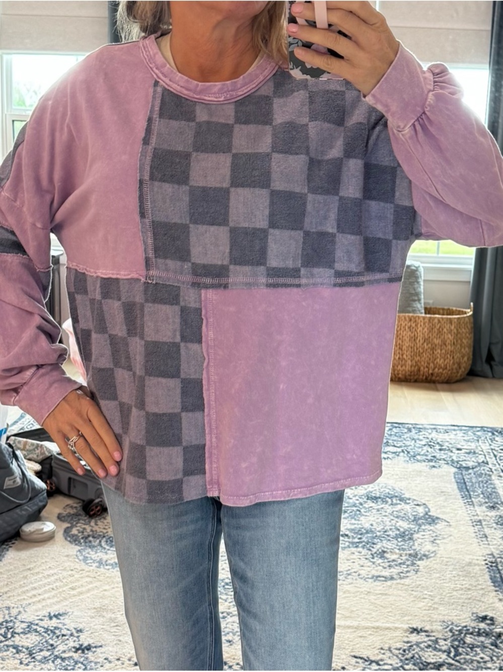 J.Her Patchwork Checkerboard Lavender Pullover. Medium.